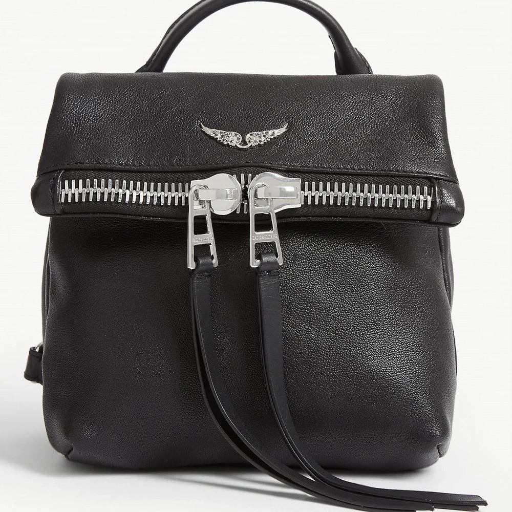 Black Leather Mini Backpack with Silver Details